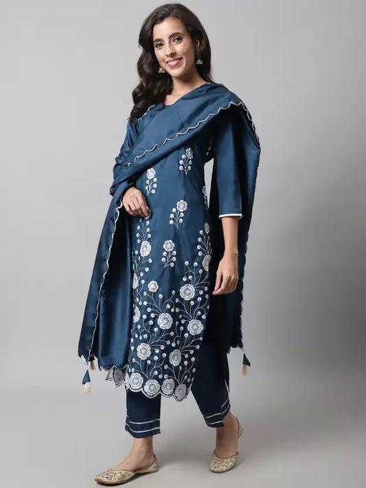 Women Embroidered Cotton Silk Kurta, Pant And Dupatta Set