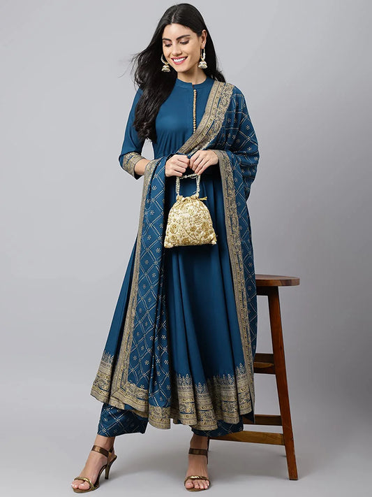 Women's Rayon Flared Kurta And Palazzo With Dupatta Set