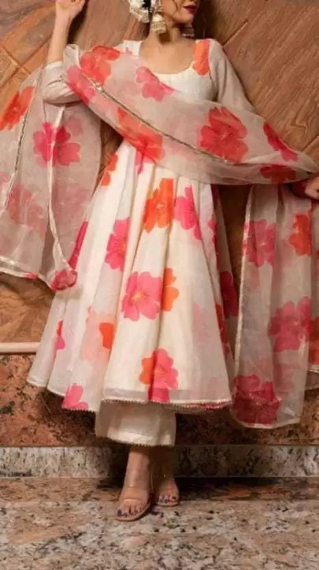 Georgette Printed Kurta, Palazzo & Dupatta Set