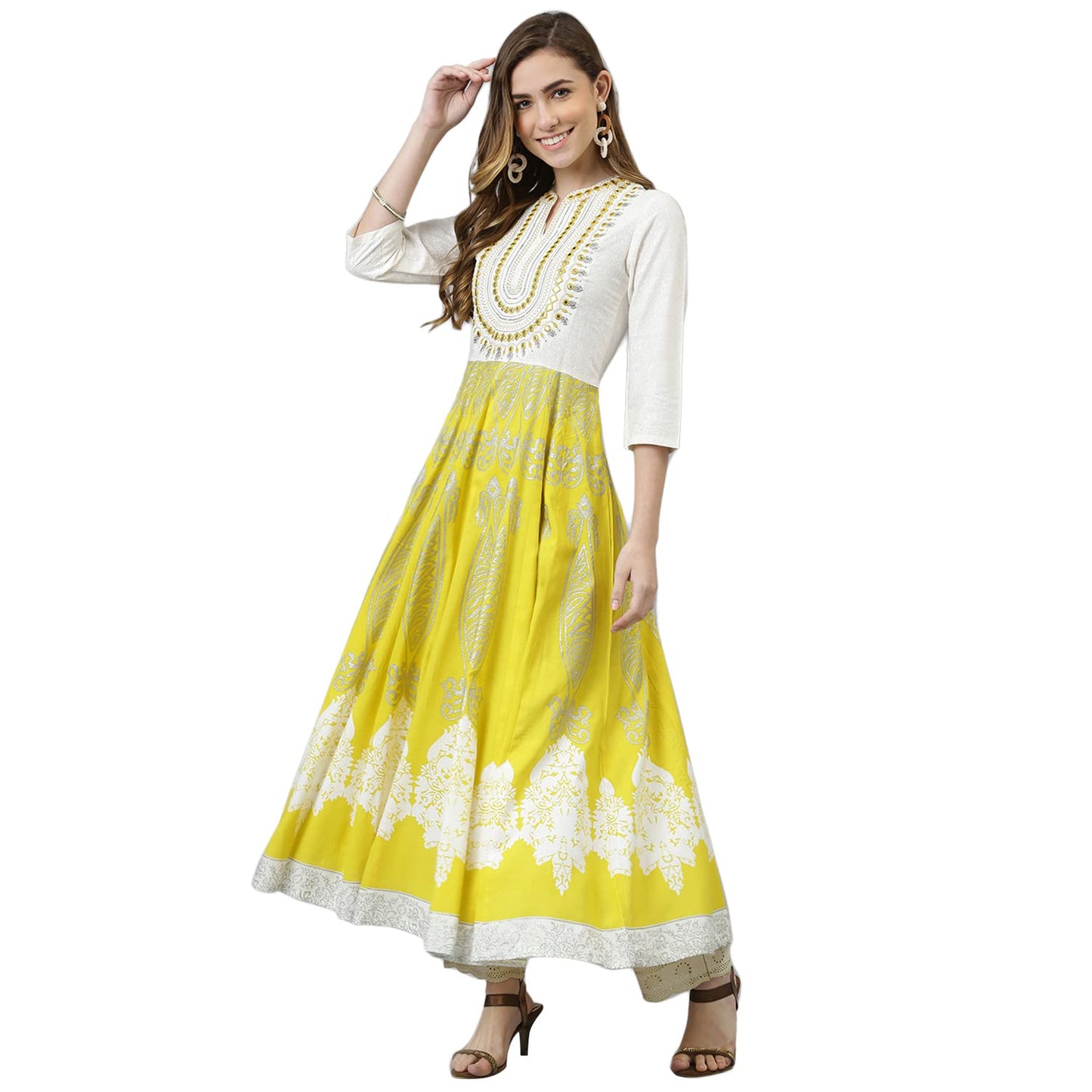 Women's Yellow Cotton Embroidered Anarkali Kurta