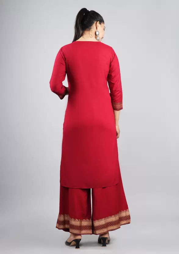 Women Maroonish Red Embroidered Kurta, Palazzo & Dupatta Set
