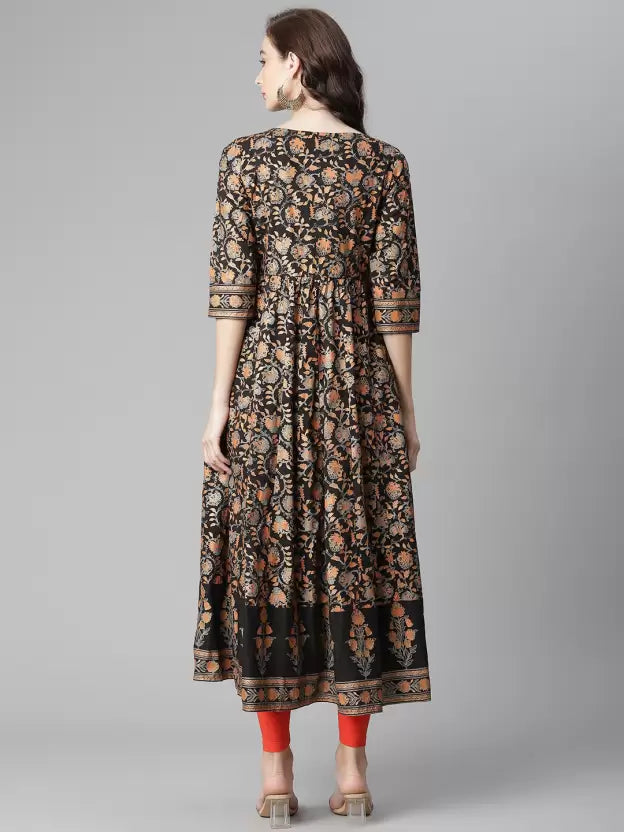 Women Navy Blue & Orange Printed Kurta Set