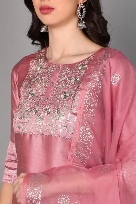 Women Silk Blend Pink Embroidered Kurta and Trousers Set