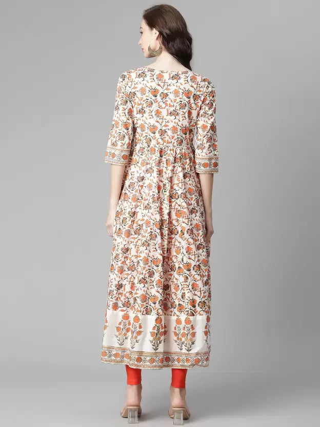 Women Navy Blue & Orange Printed Kurta Set