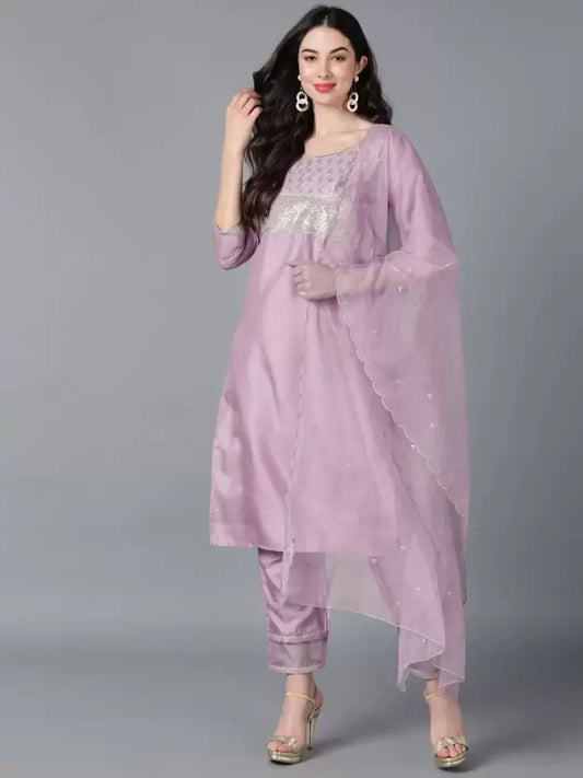 Women Purple Silk Blend Kurta, Pant And Dupatta Set