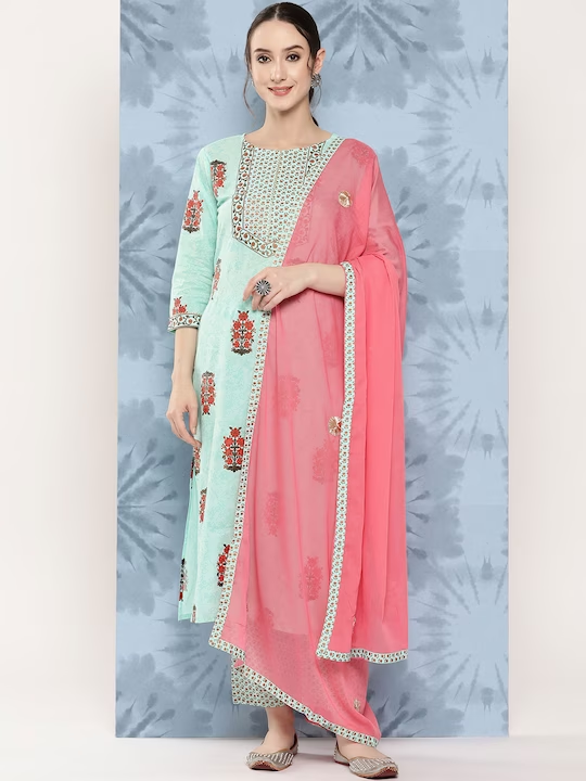 Women Floral Printed Gotta Patti Pure Cotton Kurta with Trousers & With Dupatta