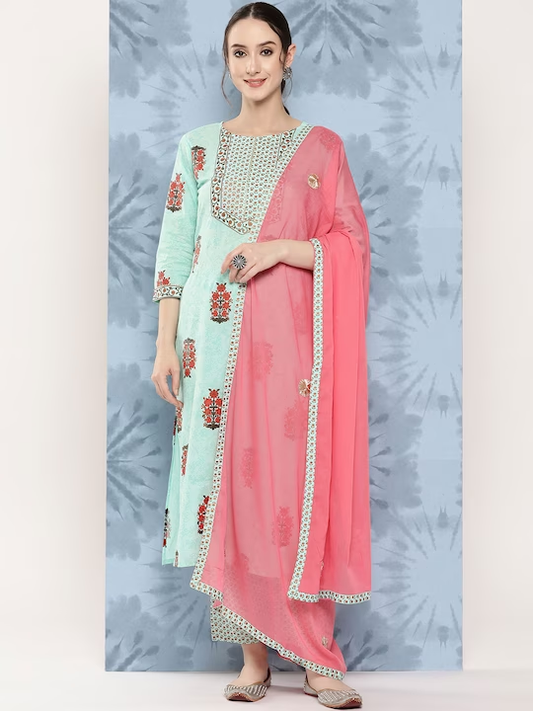 Women Floral Printed Gotta Patti Pure Cotton Kurta with Trousers & With Dupatta