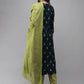 Women Navy Blue & Green Ethnic Motifs Printed Regular Kurta with Trousers & Dupatta