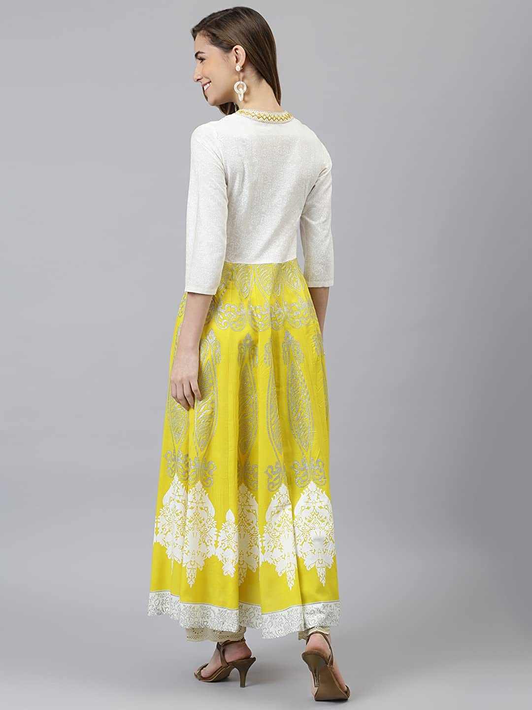 Women's Yellow Cotton Embroidered Anarkali Kurta