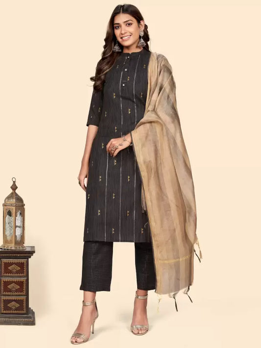 Women Cotton Blend Kurta, Pant And Dupatta Set