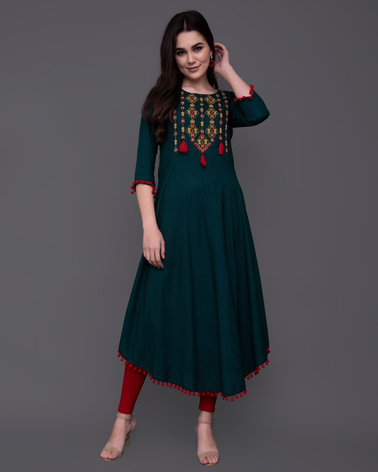 Women green Color Floral Embroidered A-Line Kurta