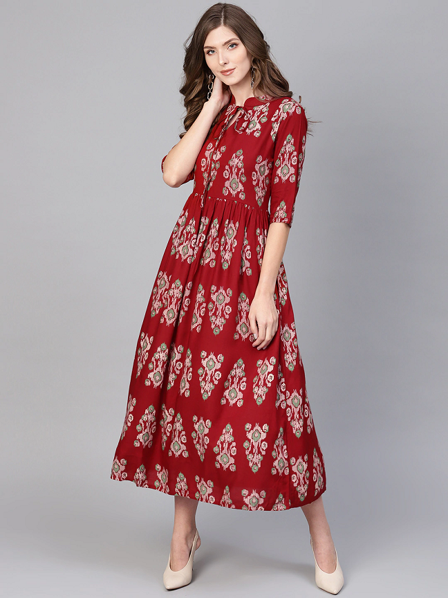 Women Maroon & Beige Printed Midi A-Line Dress