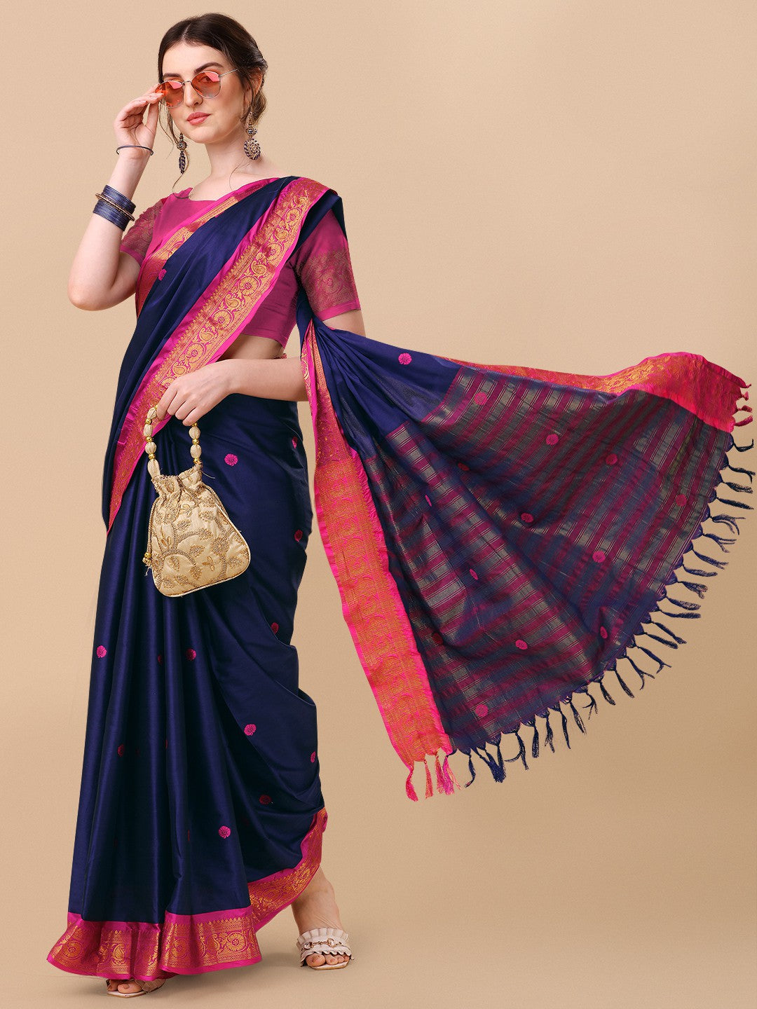 Blue geometric and floral printed silk self design with golden border saree  for women with blouse piece - DOI MOI - 4249713