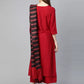 Women Cotton Blend Red Kurta set with striped Dupatta