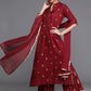 Women Maroon Ethnic Motifs Embroidered Kurta with Palazzos & Dupatta
