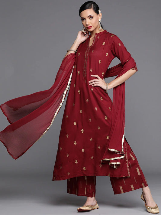 Women Maroon Ethnic Motifs Embroidered Kurta with Palazzos & Dupatta