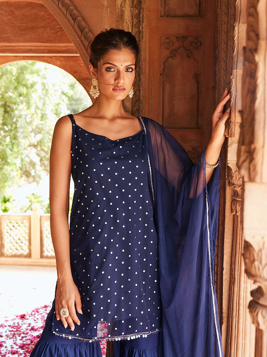 Women Blue Crepe Fusion Kurta Set