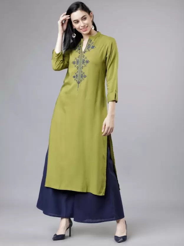 Women Green Cotton Blend Kurta and Blue Palazzo