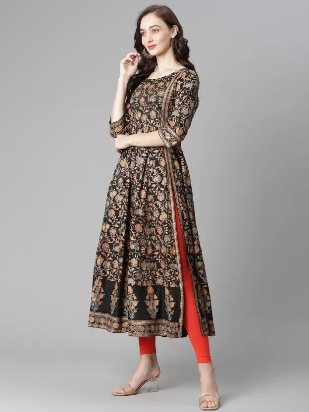 Women Navy Blue & Orange Printed Kurta Set