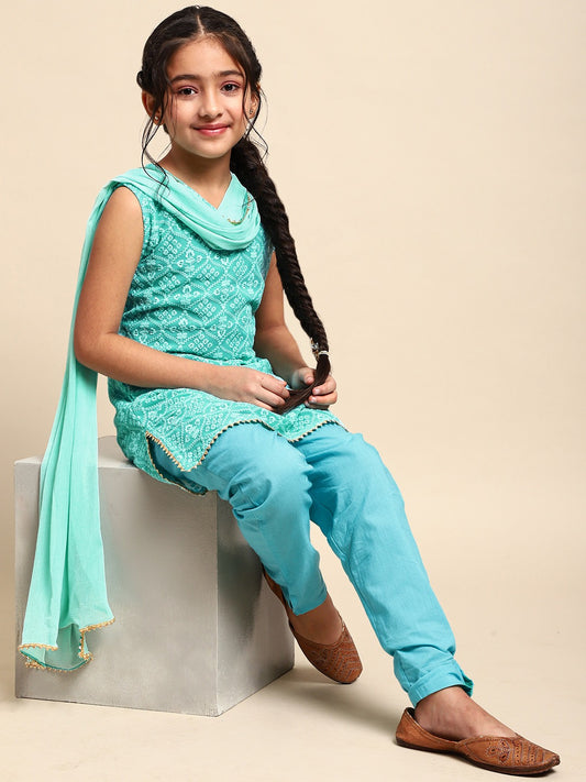 Girls Turquoise Blue Embroidered Kurta Set