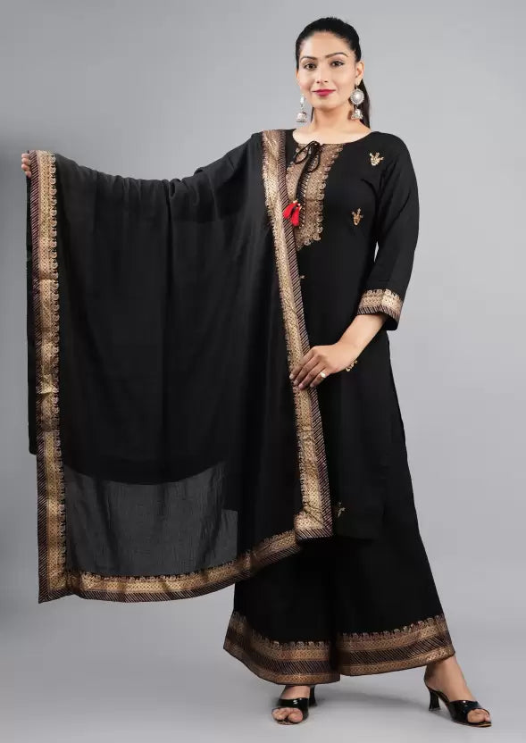 Women Embroidered Kurta, Palazzo & Dupatta Set