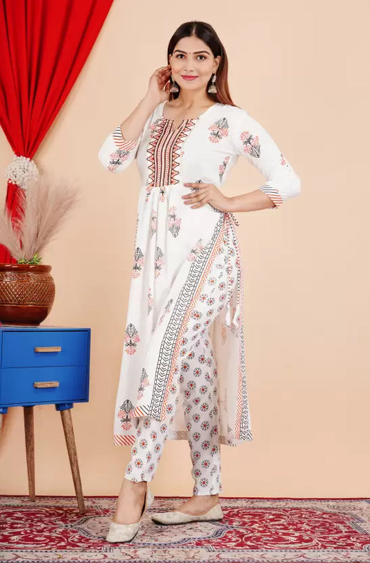 Women White Viscose Rayon Nyra Cut Kurta and Pant Set