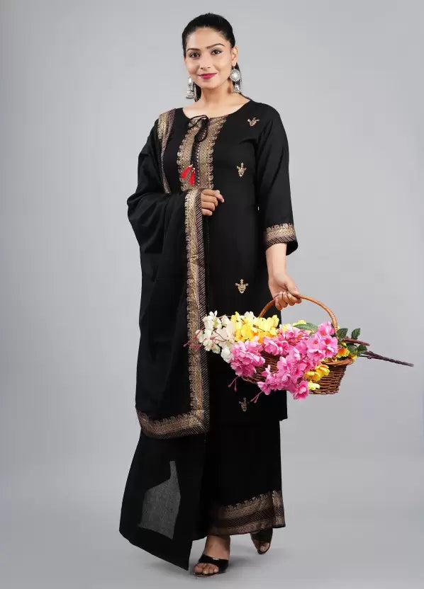 Women Embroidered Kurta, Palazzo & Dupatta Set