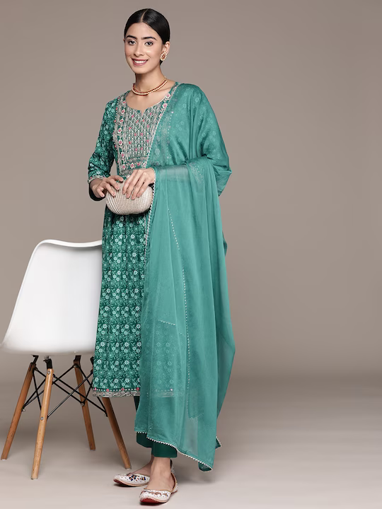 Women Floral Embroidered Regular Kurta With Trousers & Dupatta