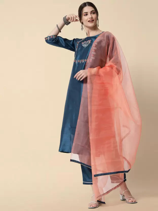 Women Blue Art Silk Kurta, Pant And Dupatta Set