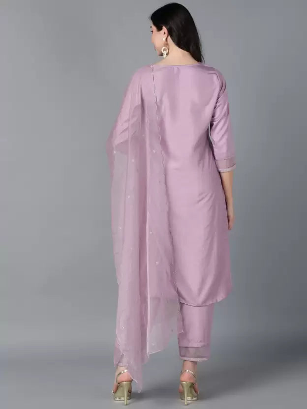 Women Purple Silk Blend Kurta, Pant And Dupatta Set