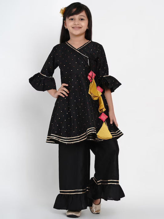 Girls Black & Gold-Toned Print & Striped Kurta with Palazzos