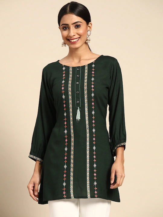 Green Ethnic Motifs Embroidered Top