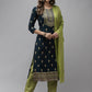 Women Navy Blue & Green Ethnic Motifs Printed Regular Kurta with Trousers & Dupatta