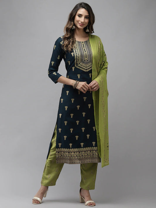 Women Navy Blue & Green Ethnic Motifs Printed Regular Kurta with Trousers & Dupatta