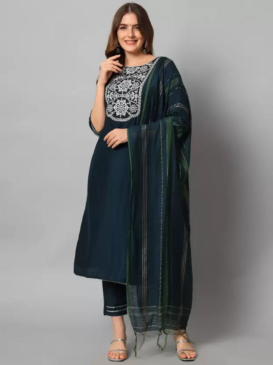 Women Kurta, Pant And Dupatta Set Silk Blend