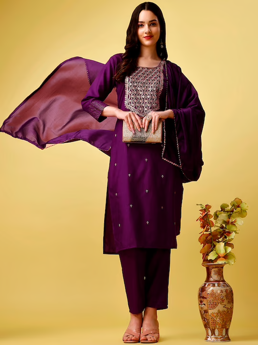 Women Purple Embroidered Regular Sequinned Kurta with Trousers & With Dupatta