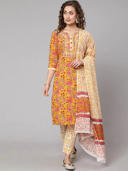 Women Yellow Floral Panelled Cotton Kurta Set