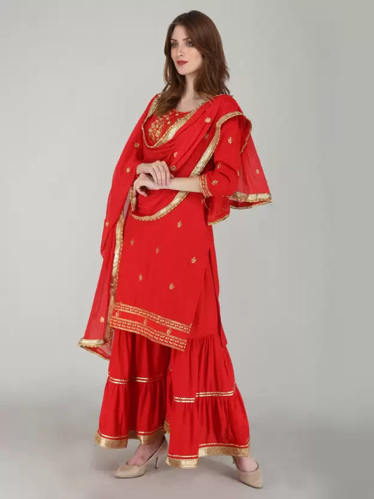 Women Rayon Embroidered Kurta, Sharara & Dupatta Set