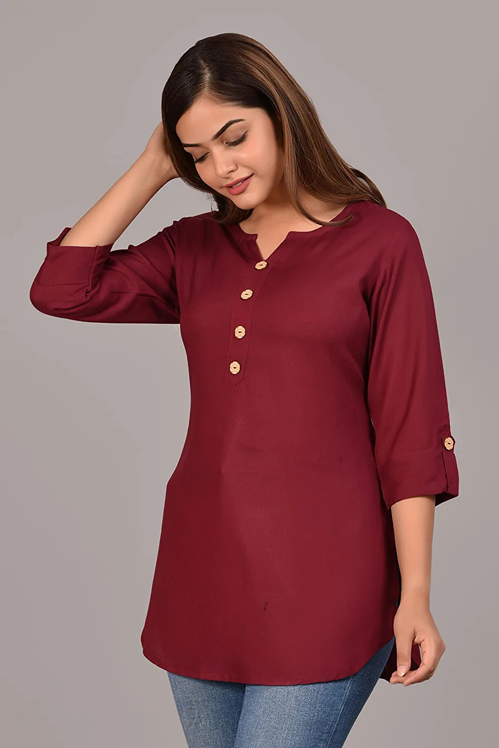 Women Plain Rayon Buttoned Top