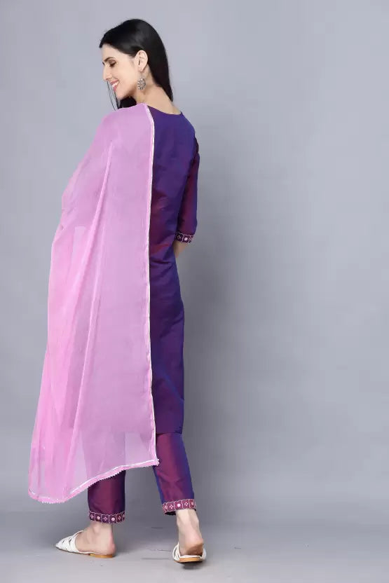 Women Purple Embrodiered Kurta, Pant And Dupatta Set Art Silk