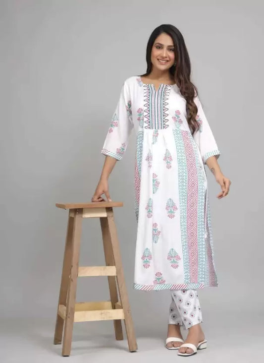 Women Viscose Rayon White Nyra Cut Kurta set