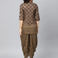 Olive Brown & Golden Printed Kurti with Dhoti Pants & Ethnic Jacket