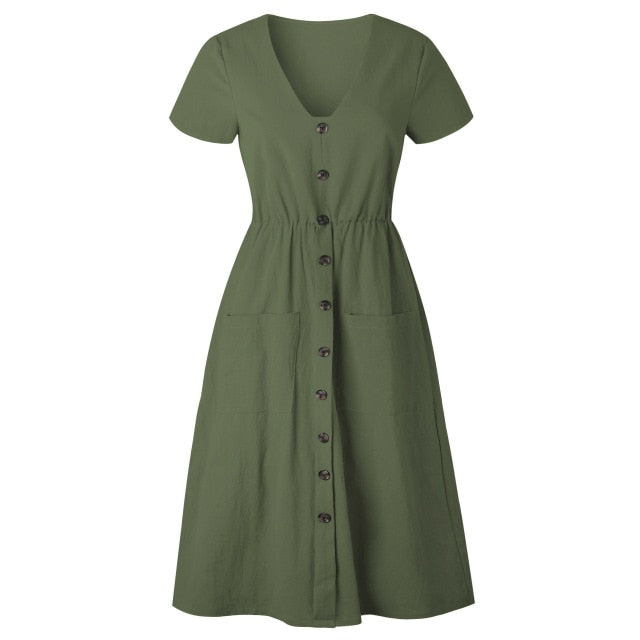 Cotton Linen V-neck A-line Midi Dress