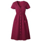 Cotton Linen V-neck A-line Midi Dress