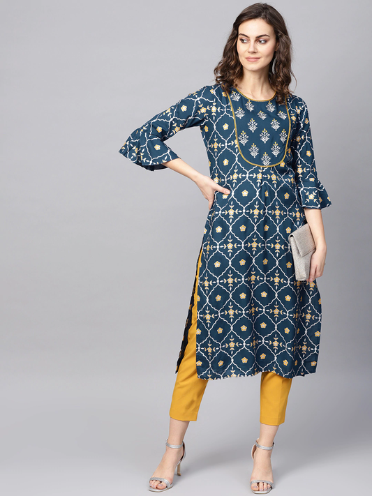 Women Navy Blue & Grey Printed Straight Kurta