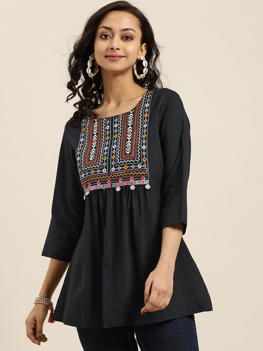 Women Black Embroidered Cotton Top