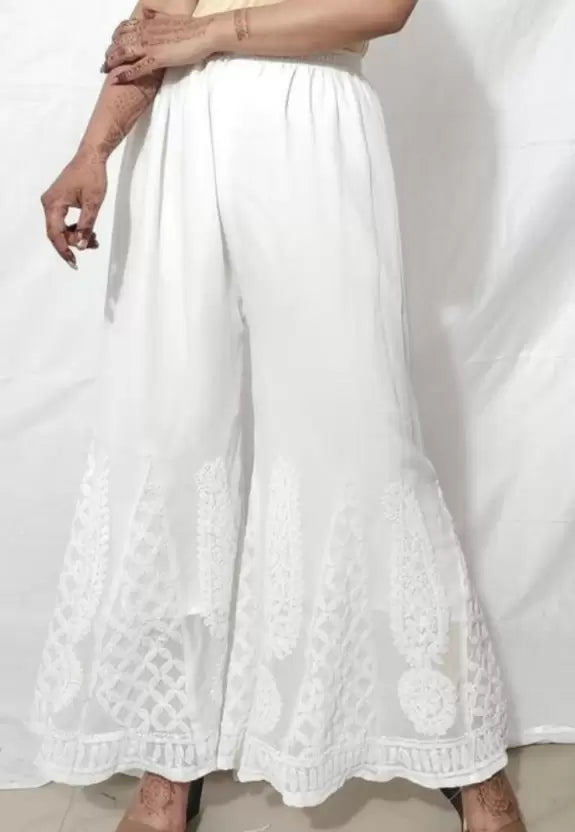 Women Flared White Georgette Trousers