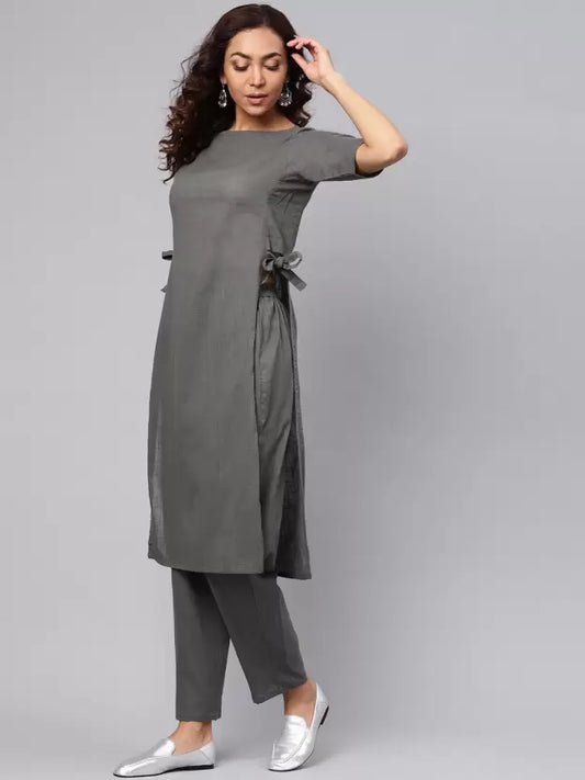 Women Grey Cotton Blend Tie-side Kurta set