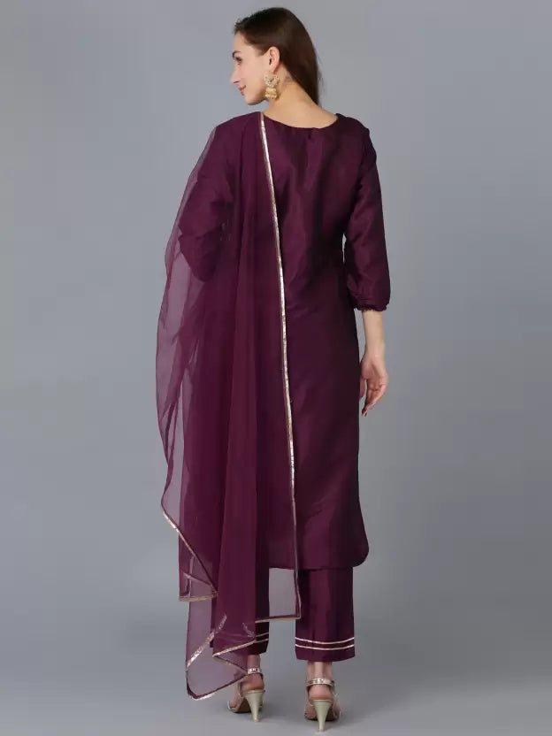 Women Wine Purple Silk Blend Kurta, Pant And Dupatta Set
