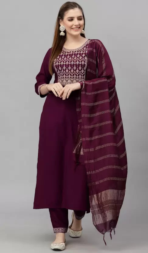 Women Wine Kurta and Pant Set Cotton Blend